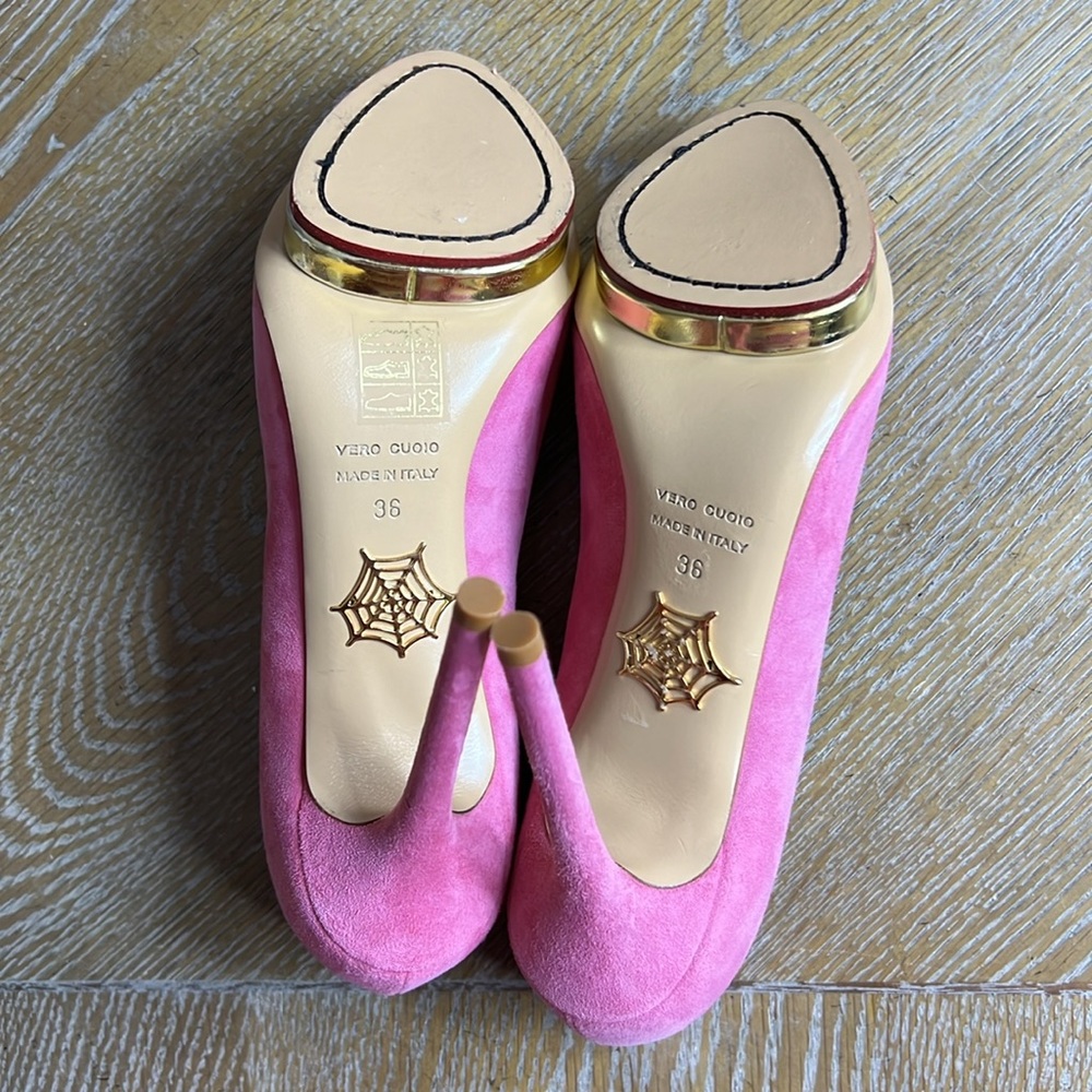 CHARLOTTE OLYMPIA Pink Suede Platform Dolly Heels 36 - Picture 9 of 14